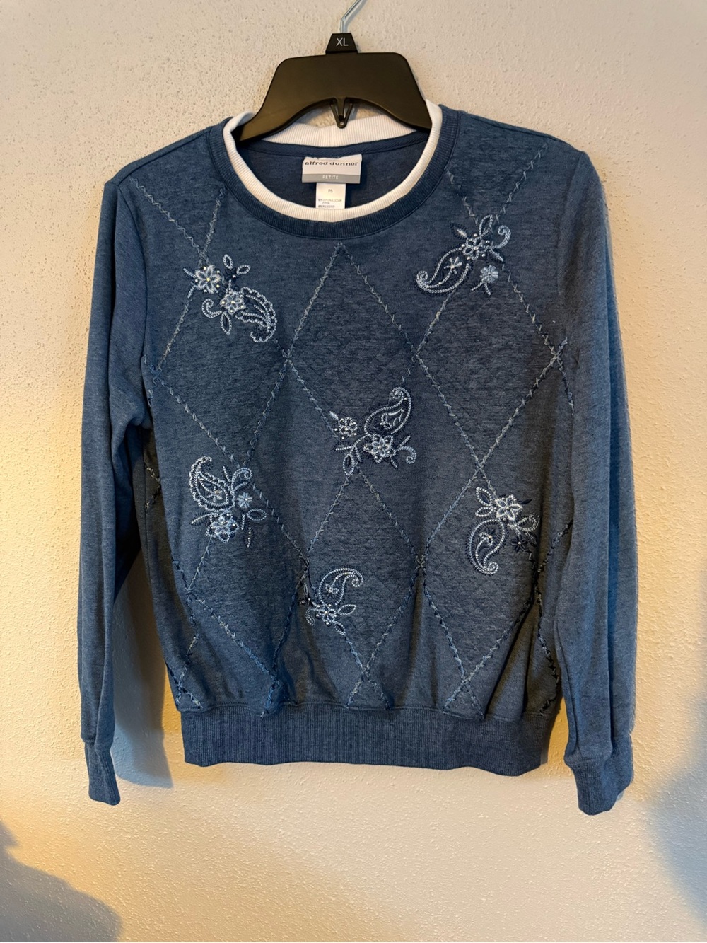 (S) Petite Alfred Dunner Blue Embroidered Diamond-Pattern Women’s Sweater